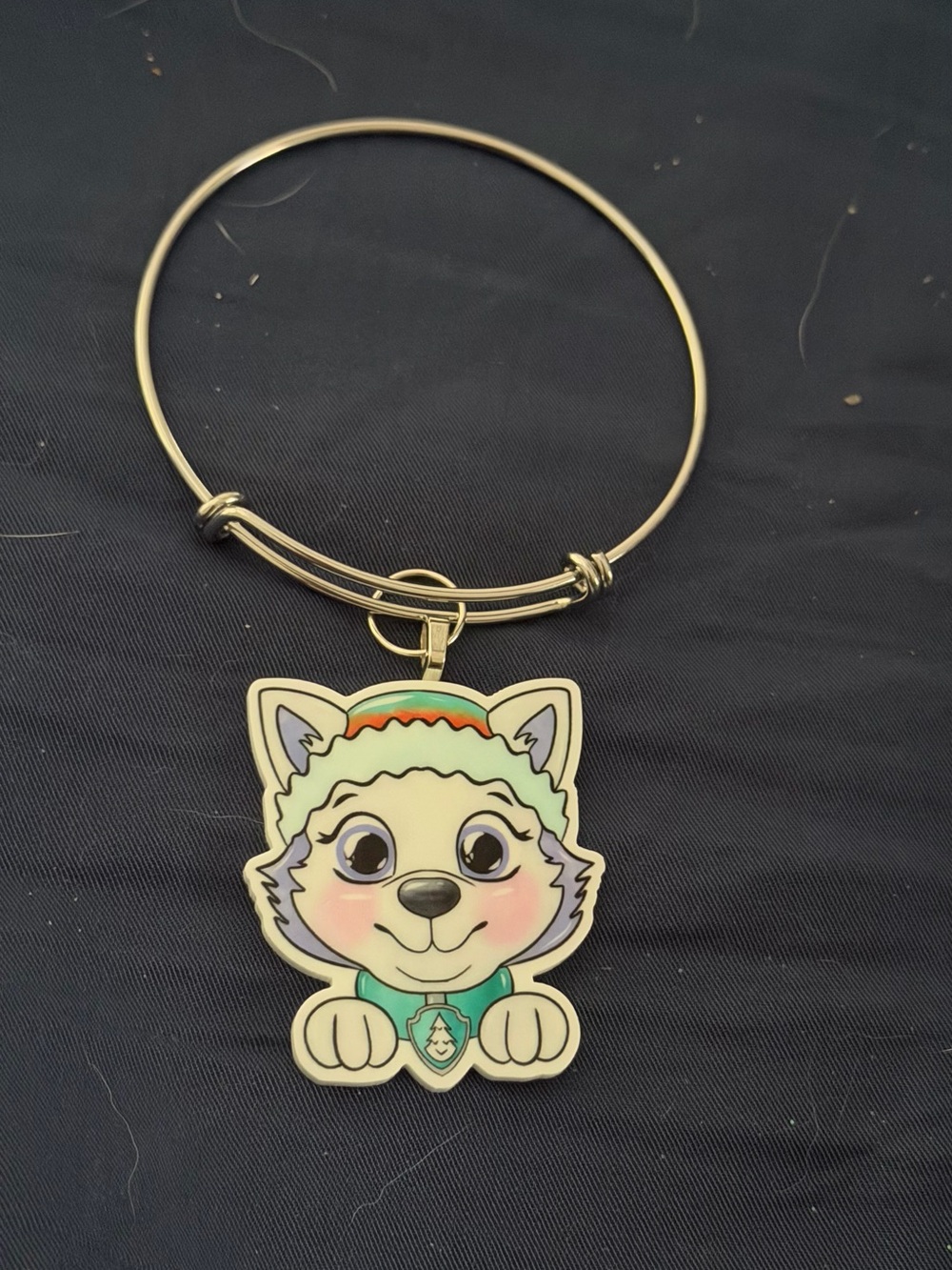 Cute Cartoon Wolf Charm Bangle Bracelet - Gold Tone, Mint & Cream